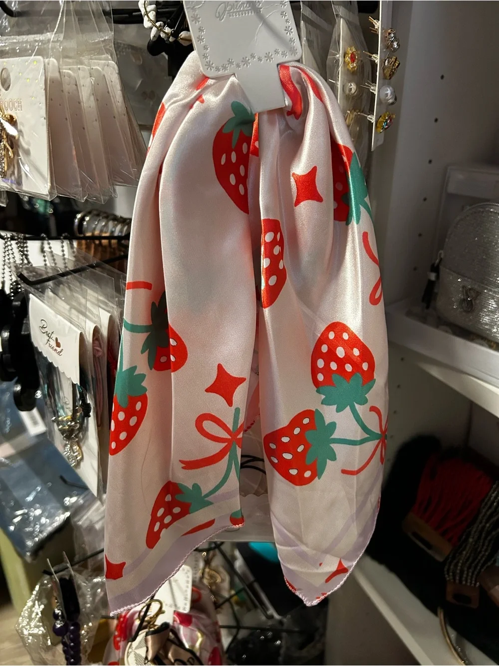 Silky Cherry Print Hair Scarf - Red & White